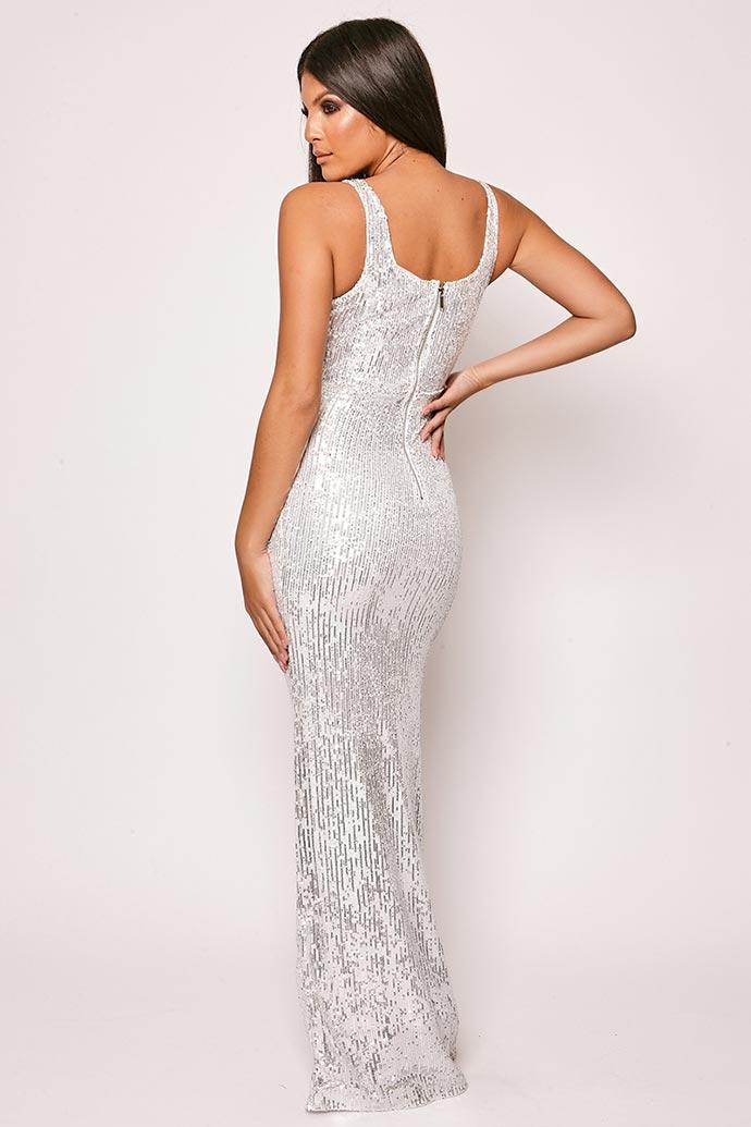 Polina - Silver Sequin Thigh Split Evening Gown