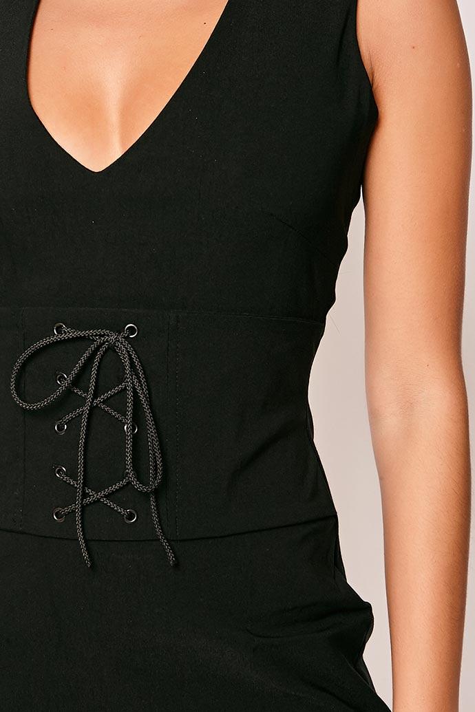 Mandie - Black Lace Tie Up Front Bodycon Dress