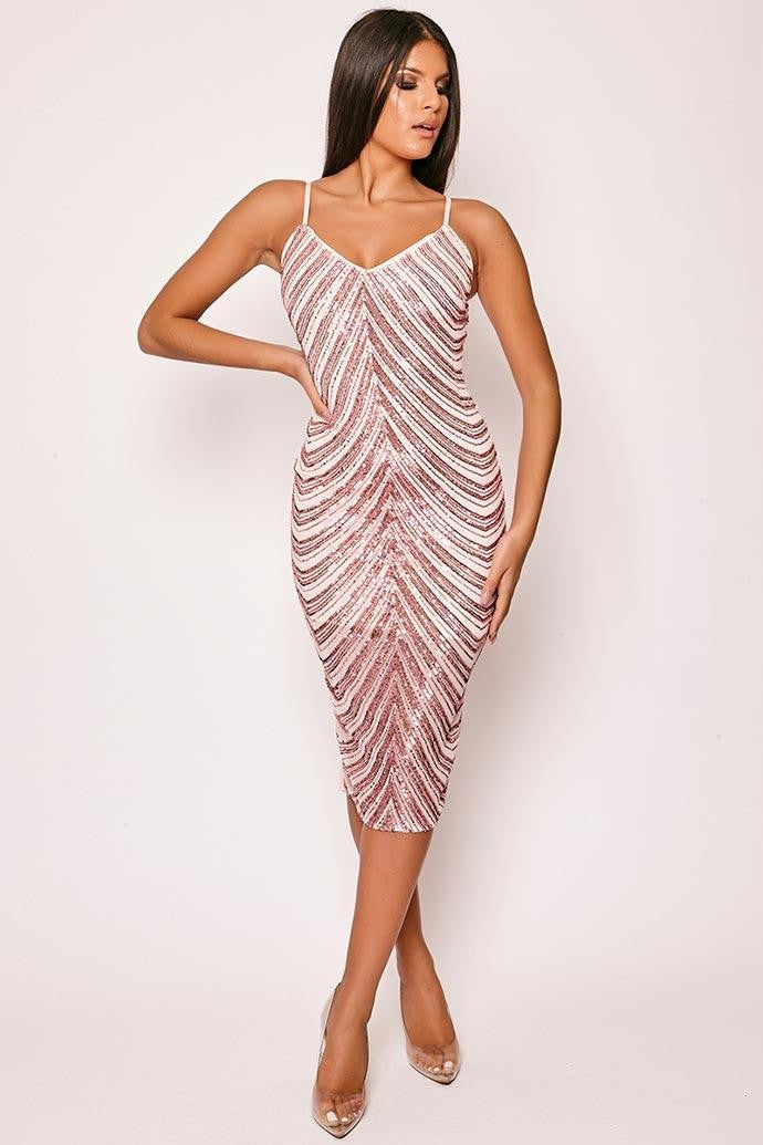 Charia - Pink Sequin Midi Bodycon Dress