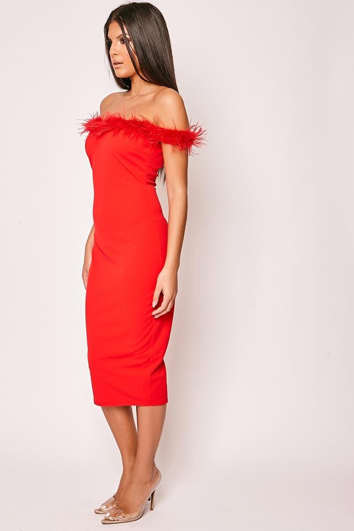 Analeigh - Red Off The Shoulder Feather Trim Bodycon Midi Dress