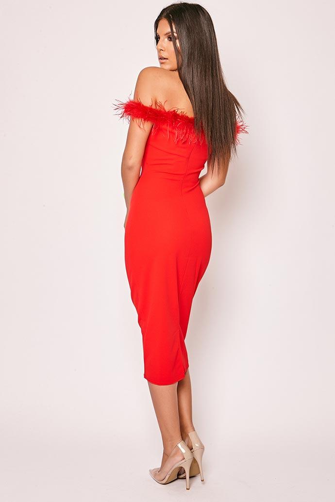Analeigh - Red Off The Shoulder Feather Trim Bodycon Midi Dress