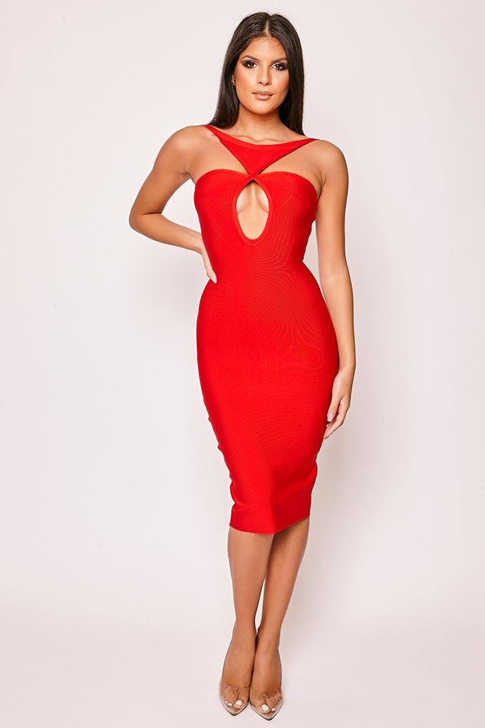 Cali - Red Peep Hole Bandage Midi Dress