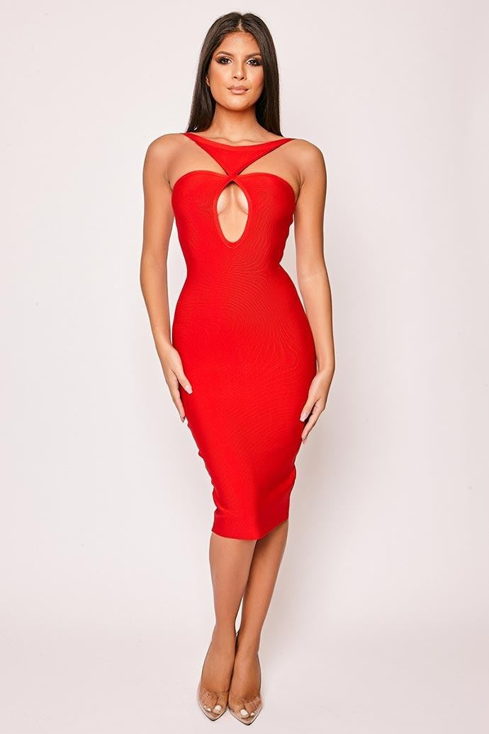Cali - Red Peep Hole Bandage Midi Dress