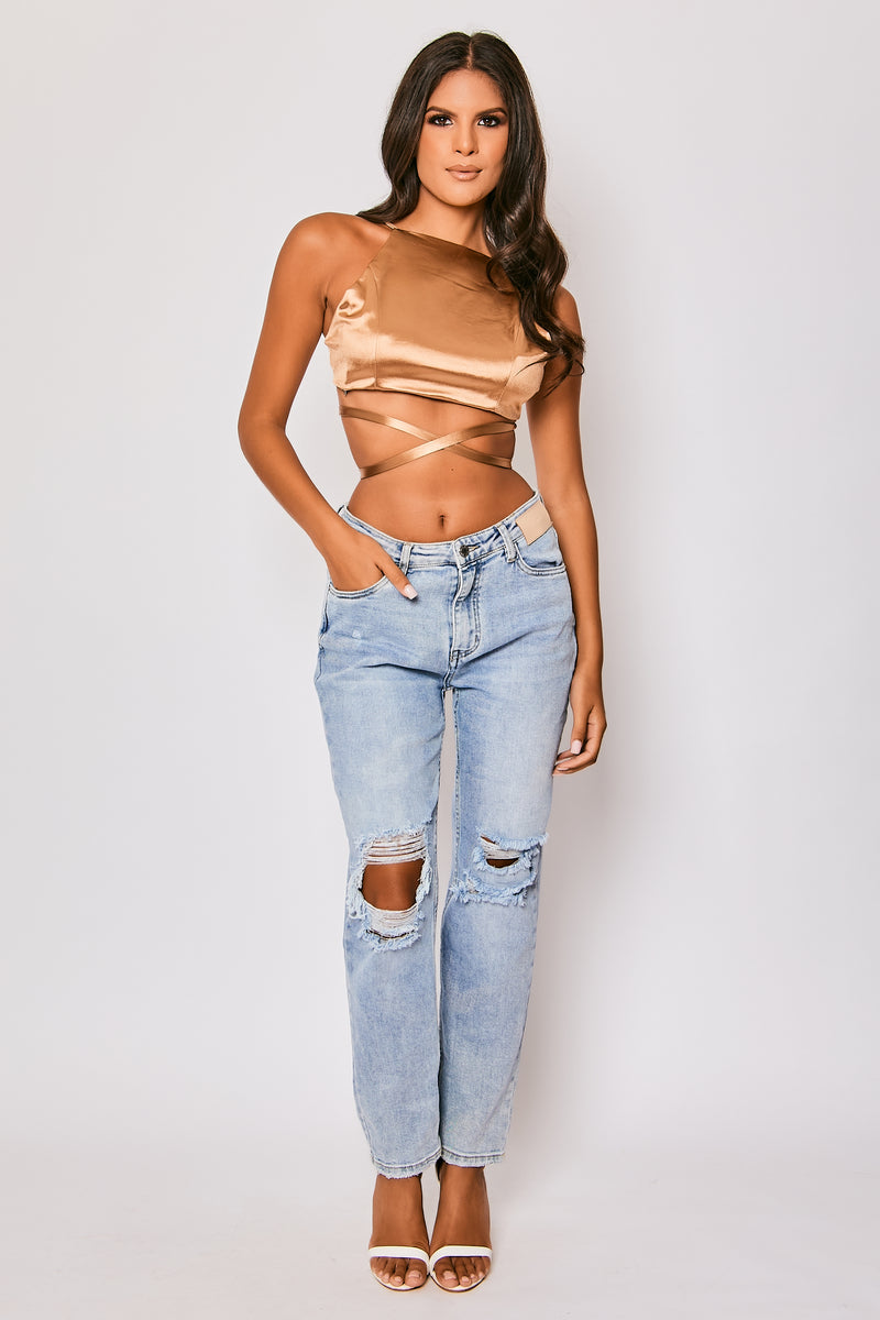 Charlisa - Gold Satin Halterneck Tie Around Crop Top