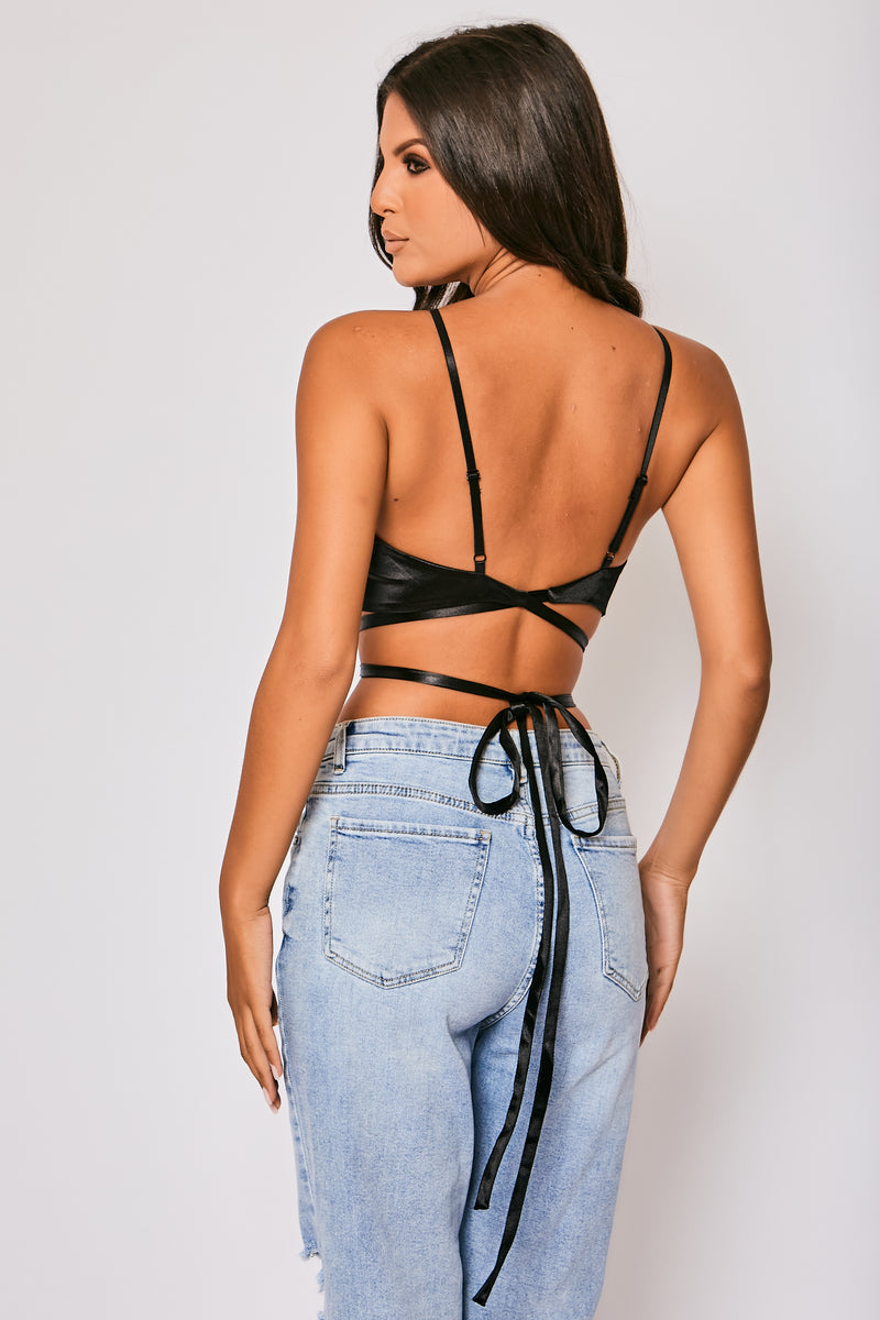 Charlisa - Black Satin Halterneck Tie Around Crop Top