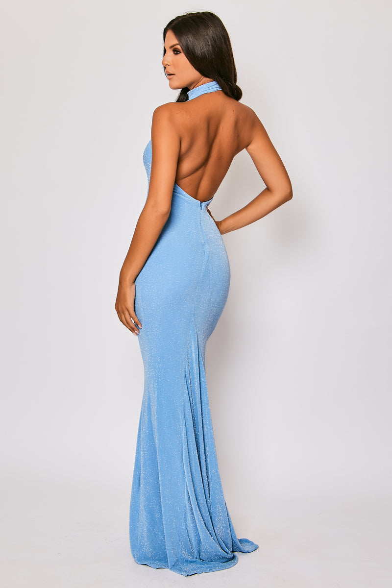 Leonetta - Blue Glitter Halter-neck Evening Dress