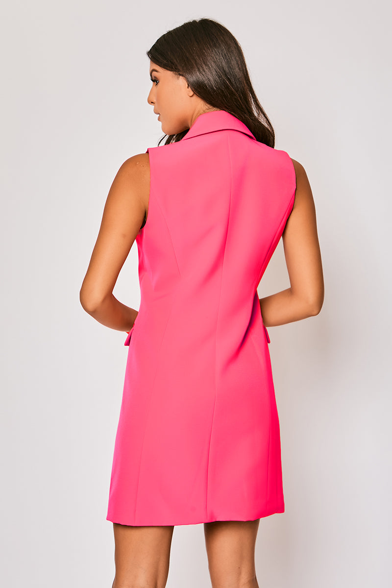 Odette - Hot Pink Sleeveless Gold Button Detailed Blazer Dress