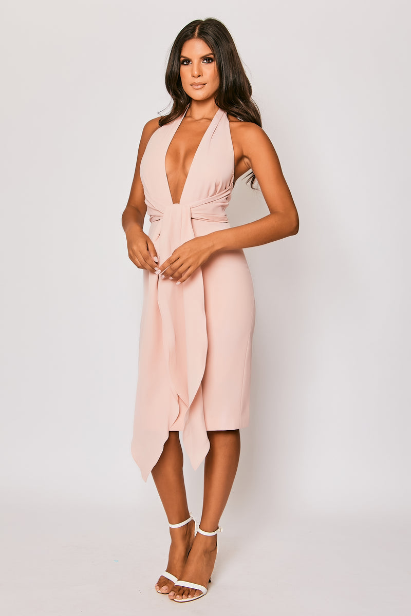 Briana - Pale Pink Halter-neck Backless Midi Dress