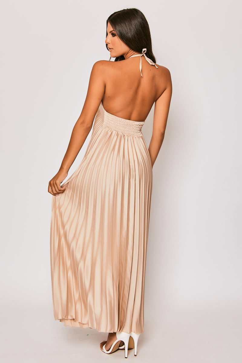 Paloma - Nude Pleated Satin Maxi Dress