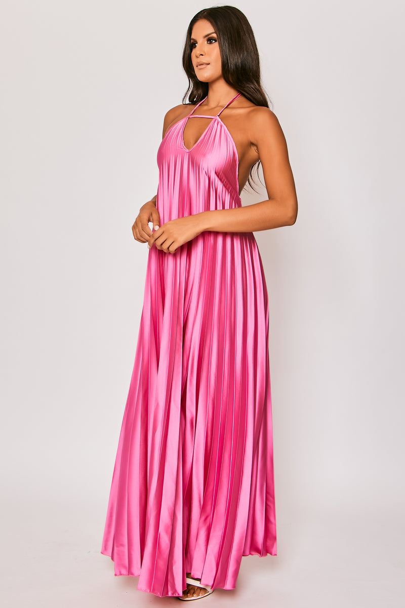 Paloma - Hot Pink Pleated Satin Maxi Dress