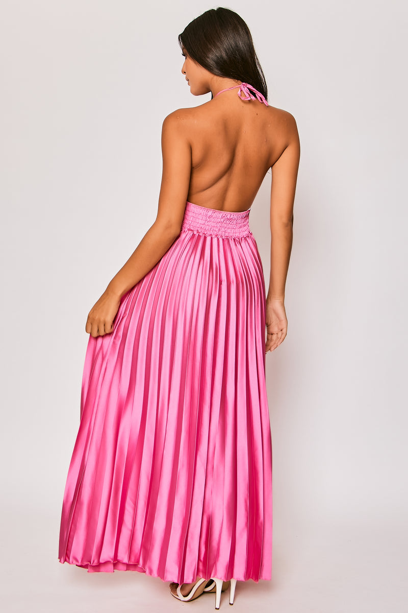Paloma - Hot Pink Pleated Satin Maxi Dress