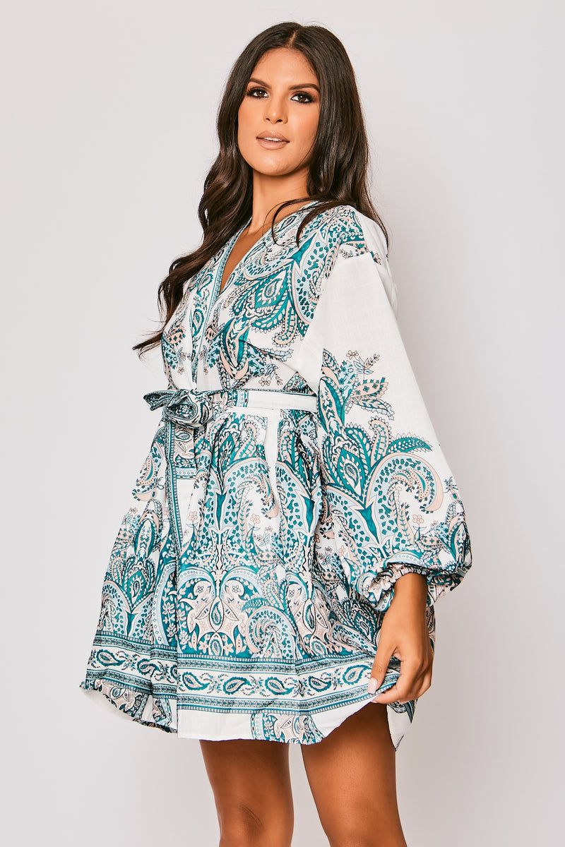 Marquis - White Paisley Belted Flare Mini Dress