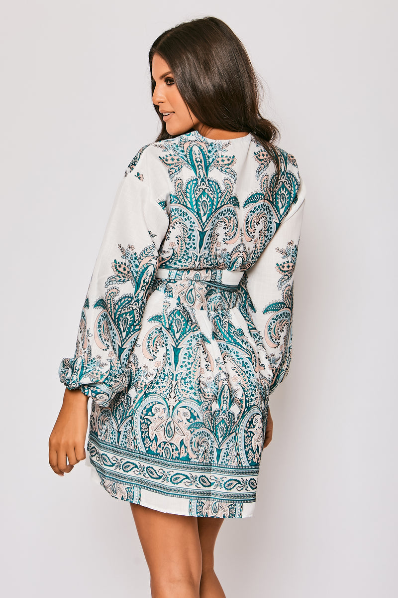 Marquis - White Paisley Belted Flare Mini Dress