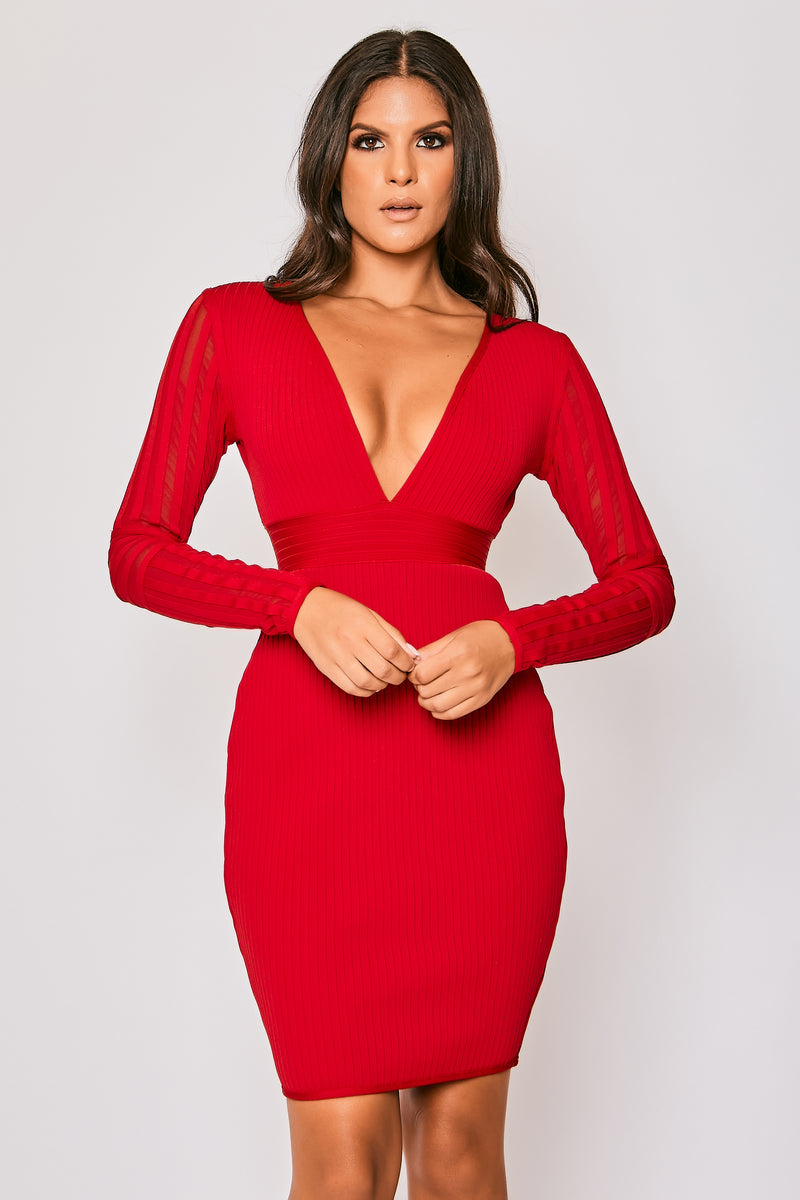 Keira - Red Long Sleeve V Neck Bandage Dress