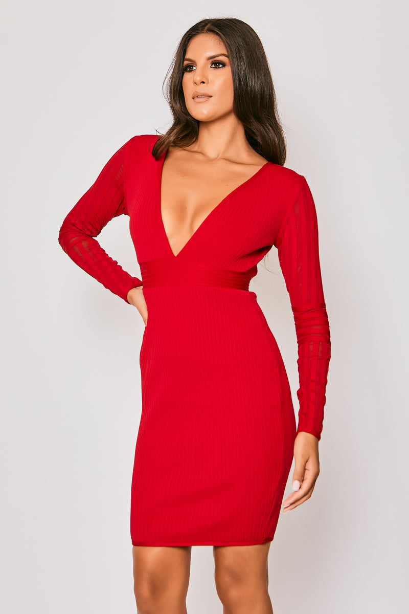 Keira - Red Long Sleeve V Neck Bandage Dress
