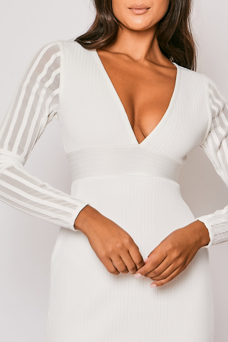 Keira - White Long Sleeve V Neck Bandage Dress