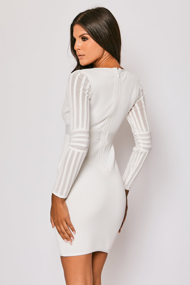 Keira - White Long Sleeve V Neck Bandage Dress