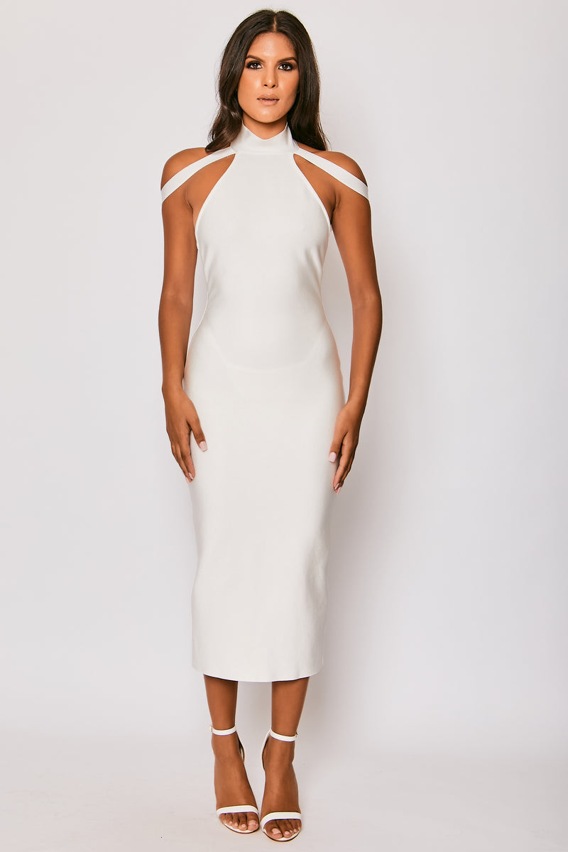 Isadora - White High Neck Bandage Midi Dress