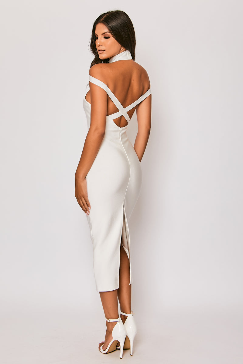 Isadora - White High Neck Bandage Midi Dress