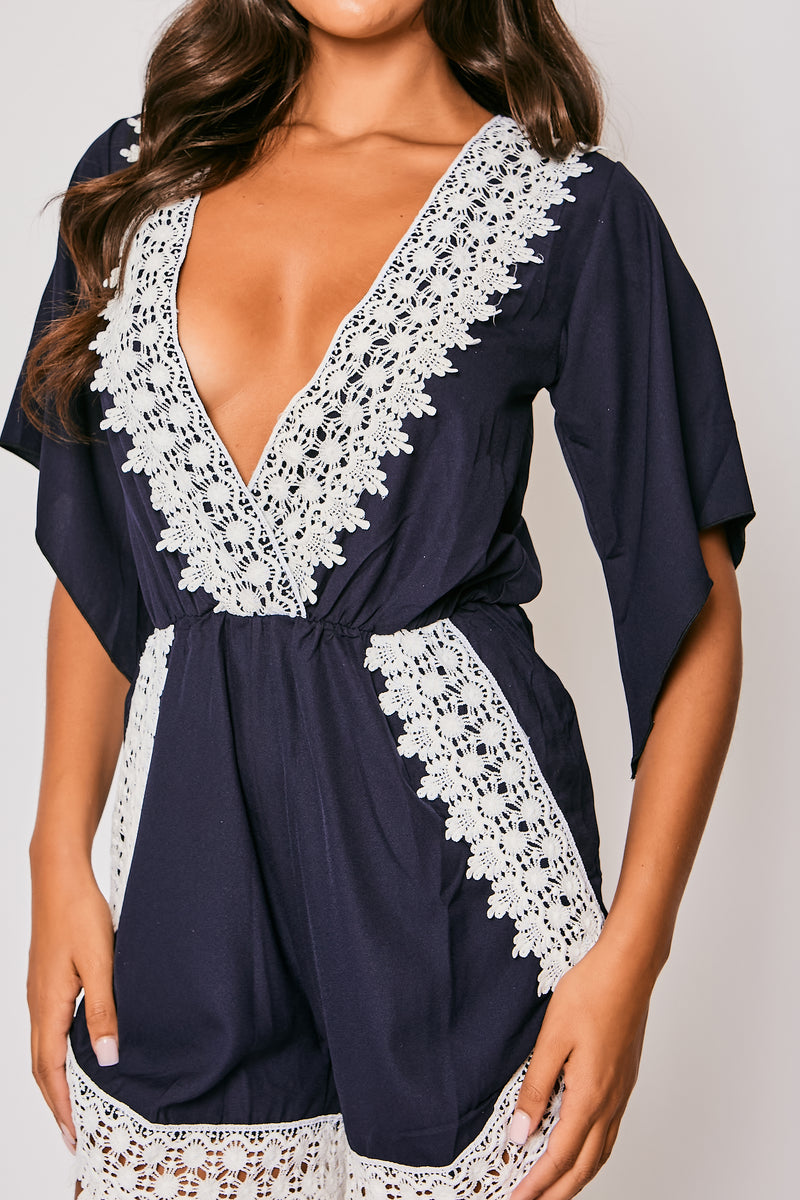 Adrianna - Navy & white crochet playsuit