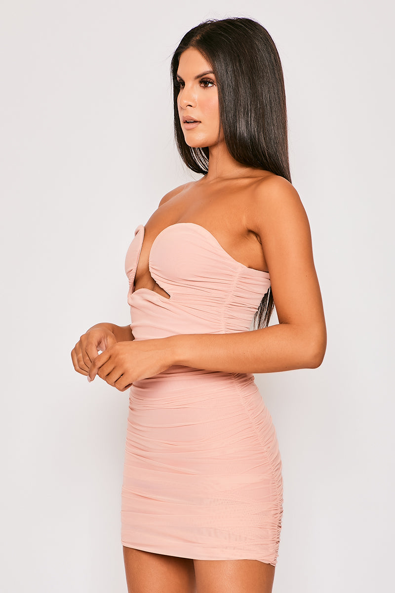 Iris - Baby Pink Extreme Plunge Bandeau Ruched Mini Dress