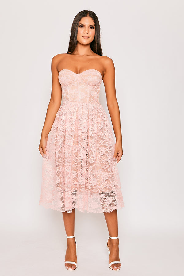 Milena - Pink & Nude Lace Bandeau Midi Dress