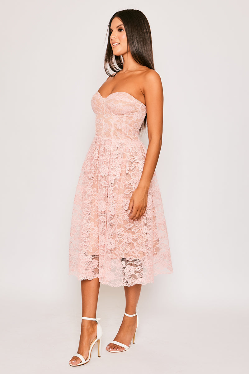 Milena - Pink u0026 Nude Lace Bandeau Midi Dress | Lace Dresses | Miss G Couture
