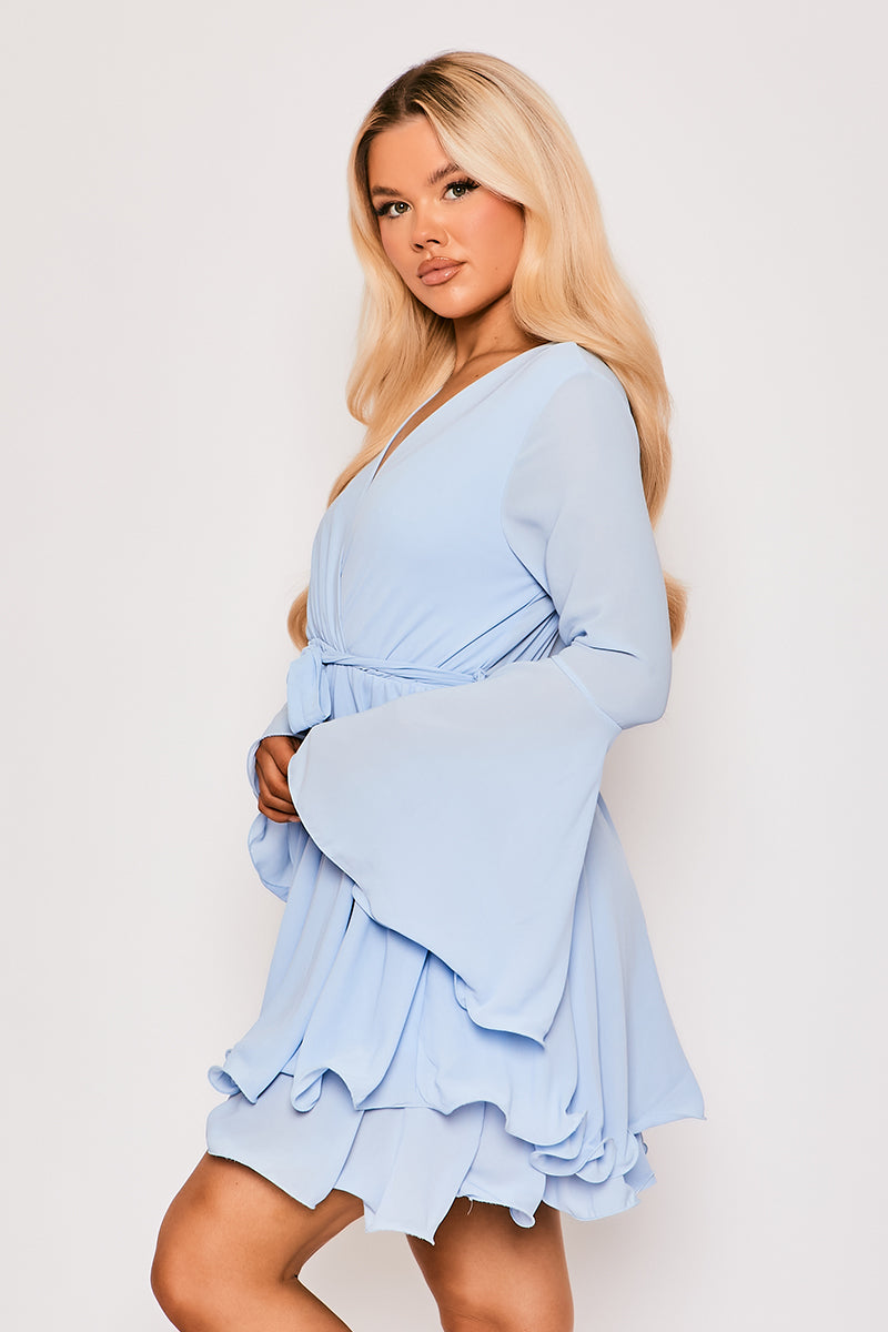 Hanella - Baby Blue Chiffon Belted Skater Dress