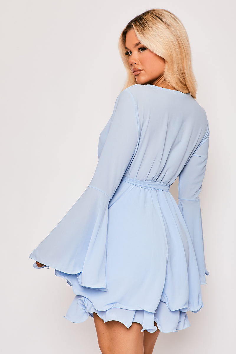 Hanella - Baby Blue Chiffon Belted Skater Dress