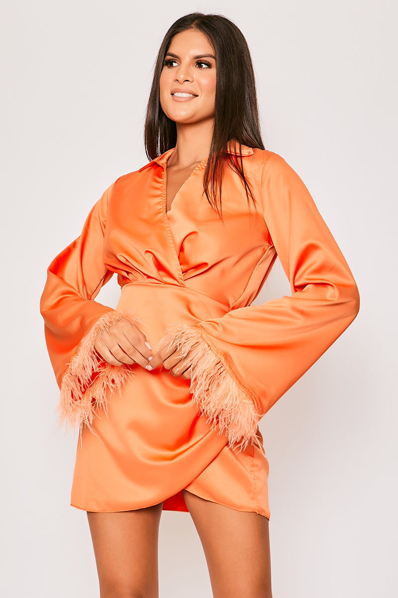Toira - Orange Satin Feather Mini Dress
