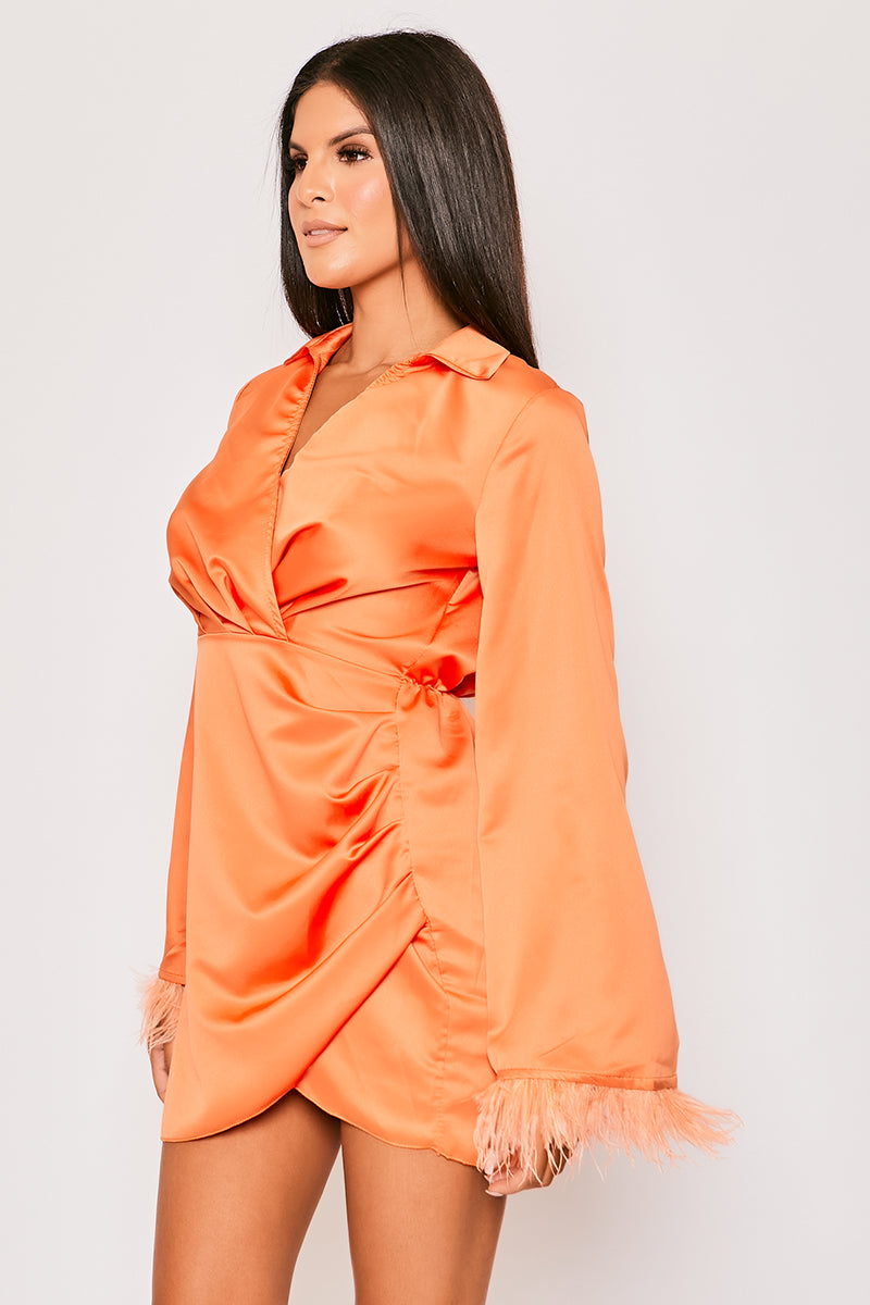 Toira - Orange Satin Feather Mini Dress