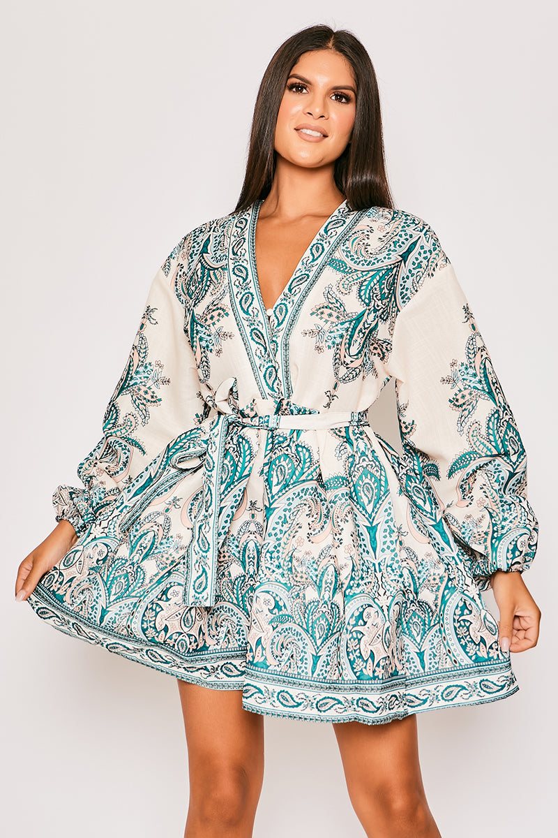 Marquis - Cream Paisley Belted Flare Mini Dress