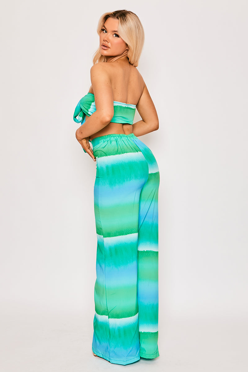 Soiree - Green Tie Dye Halter Neck Crop Top & Wide Leg Trouser Set