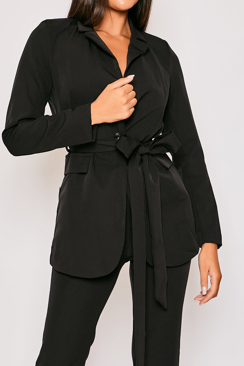 Layala - Black Belted Blazer & Flared Trouser Set