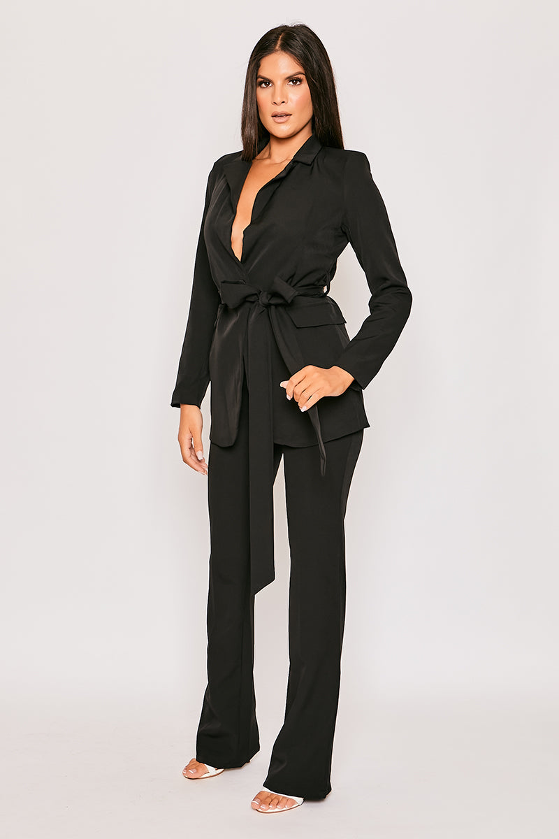 Layala - Black Belted Blazer & Flared Trouser Set