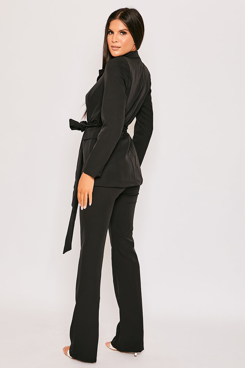 Layala - Black Belted Blazer & Flared Trouser Set