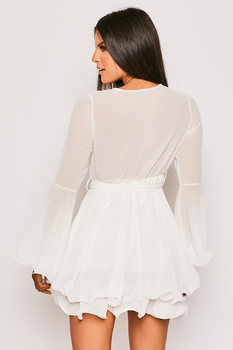 Hanella - White Chiffon Belted Skater Dress