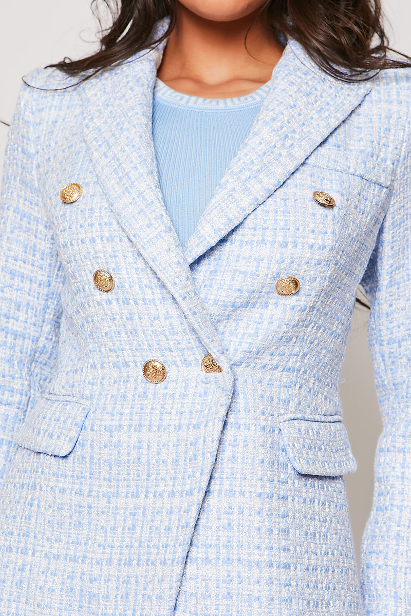 Claudette - Blue Contrast Knit Thread Gold Button Blazer