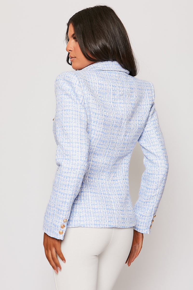 Claudette - Blue Contrast Knit Thread Gold Button Blazer