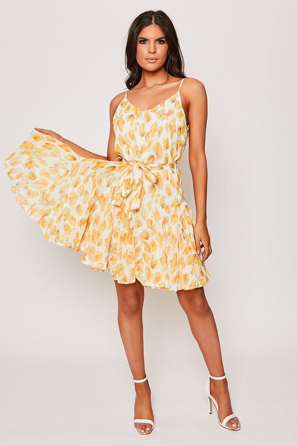 Larina - Yellow Strappy Floral Belted Long Sleeve Belted Day Dress