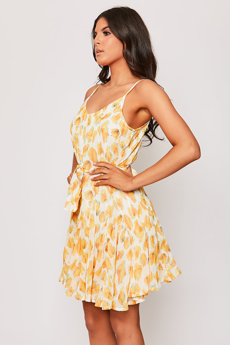 Larina - Yellow Strappy Floral Belted Long Sleeve Belted Day Dress