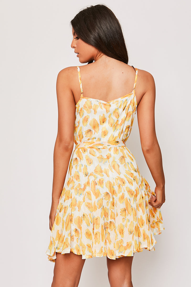 Larina - Yellow Strappy Floral Belted Long Sleeve Belted Day Dress