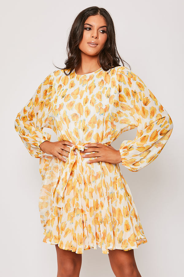 Delia - Yellow Foral Belted Long Sleeve Belted Day Dress