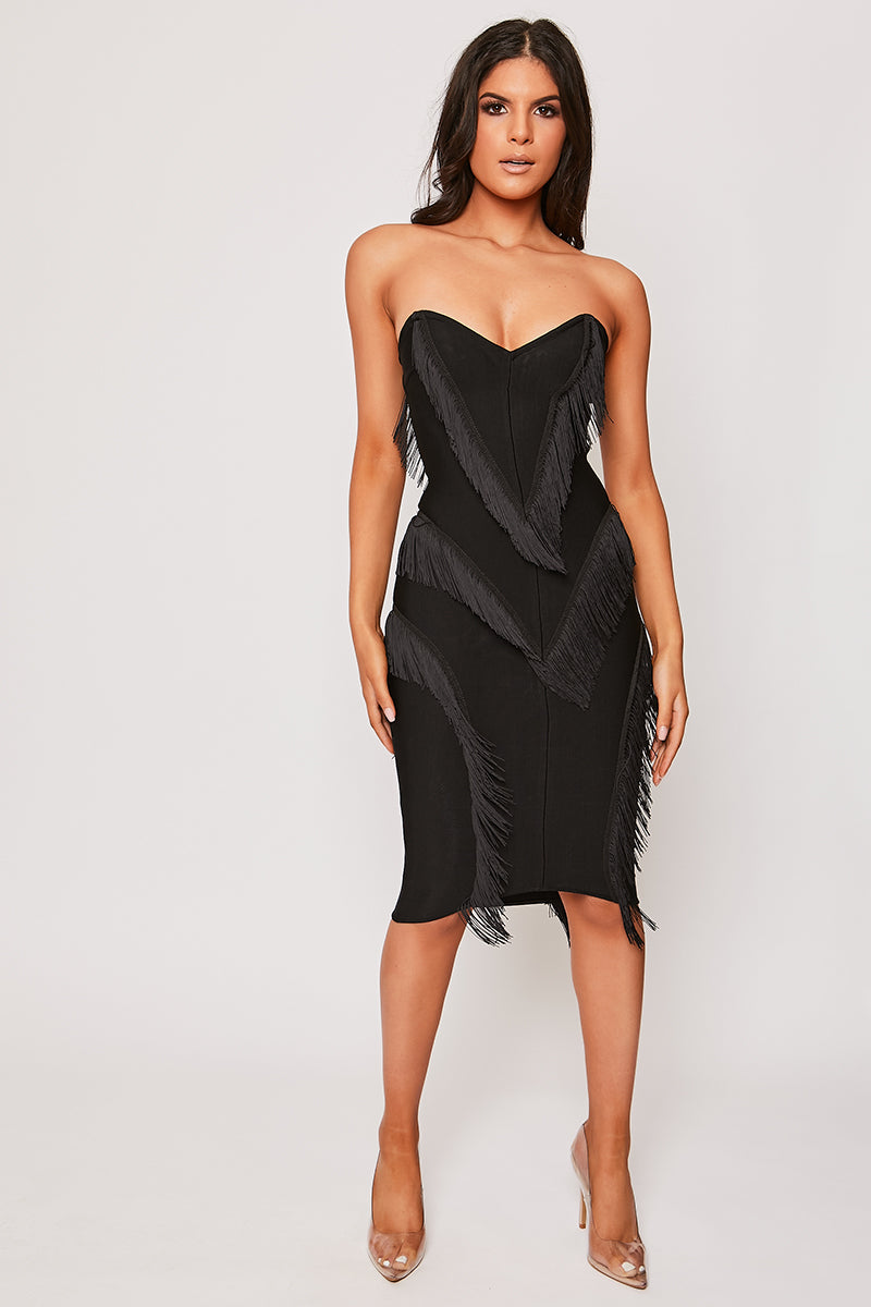 Caryss - Black Strapless Fringe Bandage Midi Dress