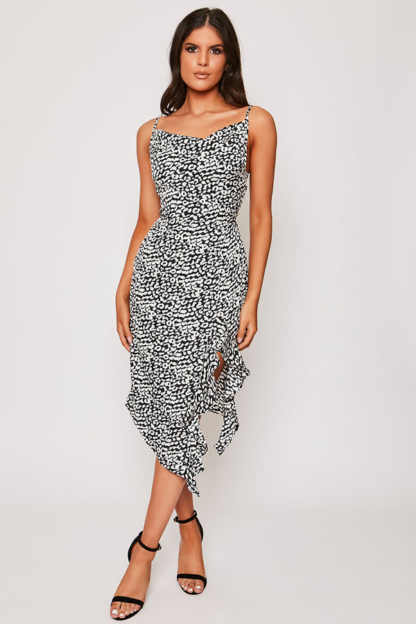 Ollie - Black & White Leopard Print Satin Cowl Neck Midi Dress