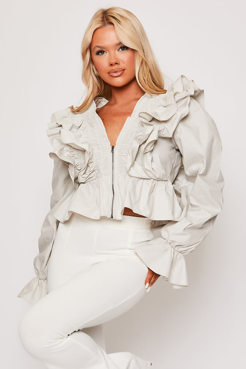 Talya - Grey Cropped V Neck Frilled Blouse