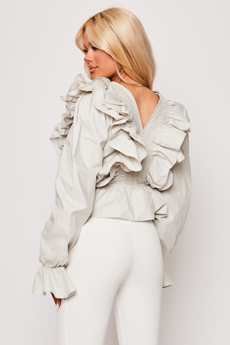 Talya - Grey Cropped V Neck Frilled Blouse