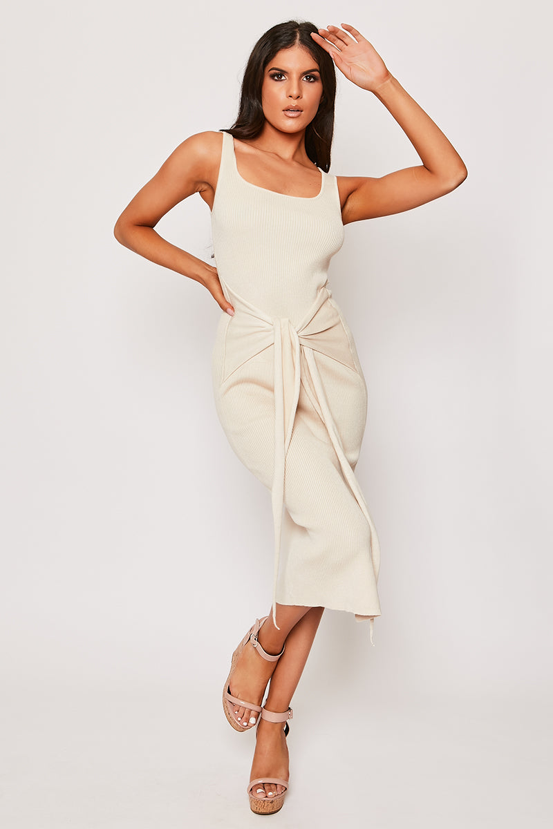 Luisa - Nude Knitted Tie Front Midi Dress