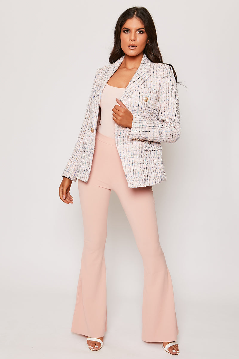 Cornelia - Pink Tweed Contrast Knit Thread Gold Button Blazer