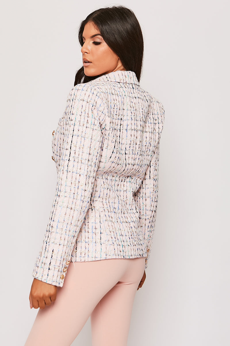 Cornelia - Pink Tweed Contrast Knit Thread Gold Button Blazer